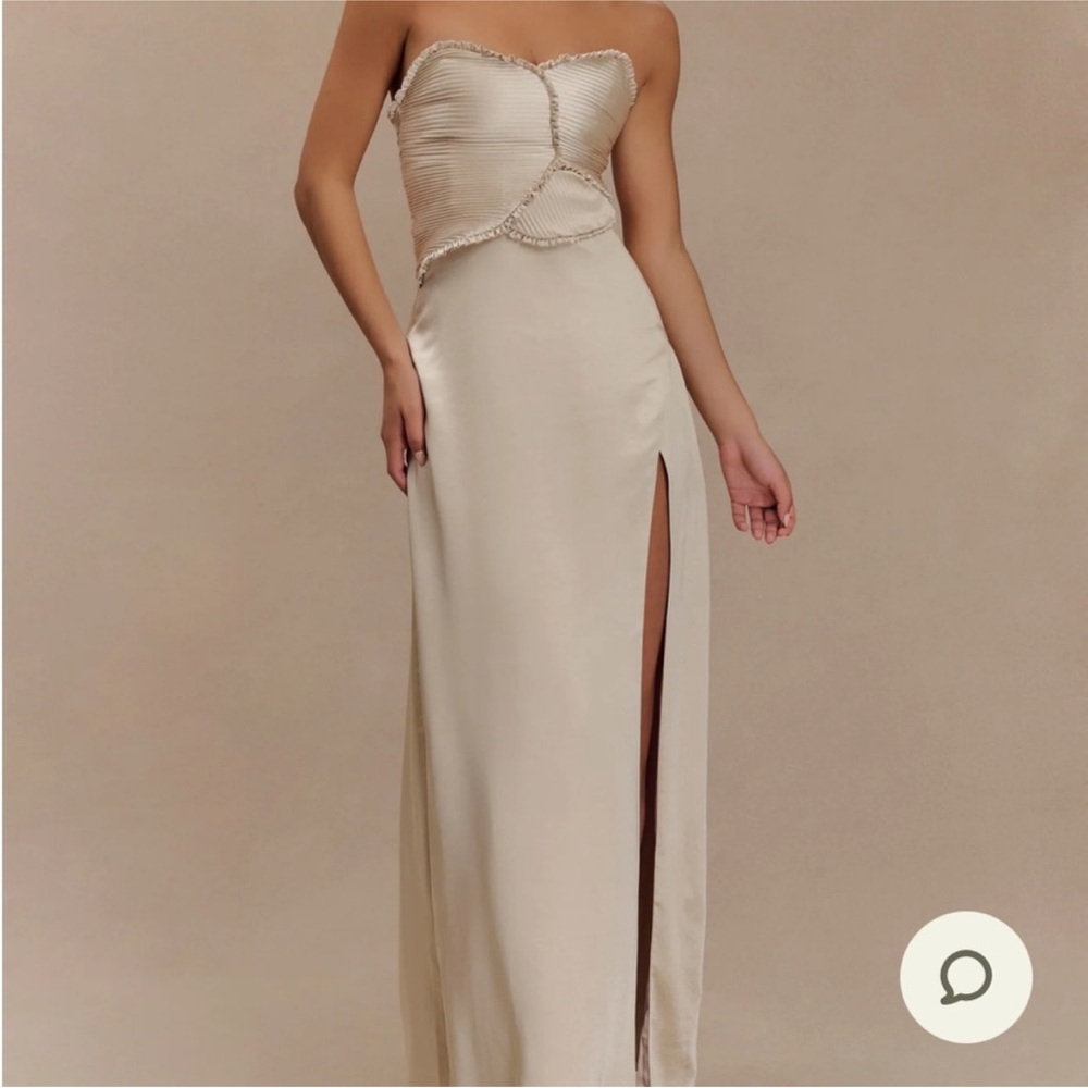 Meshki Strapless Cream Gown with High Slit